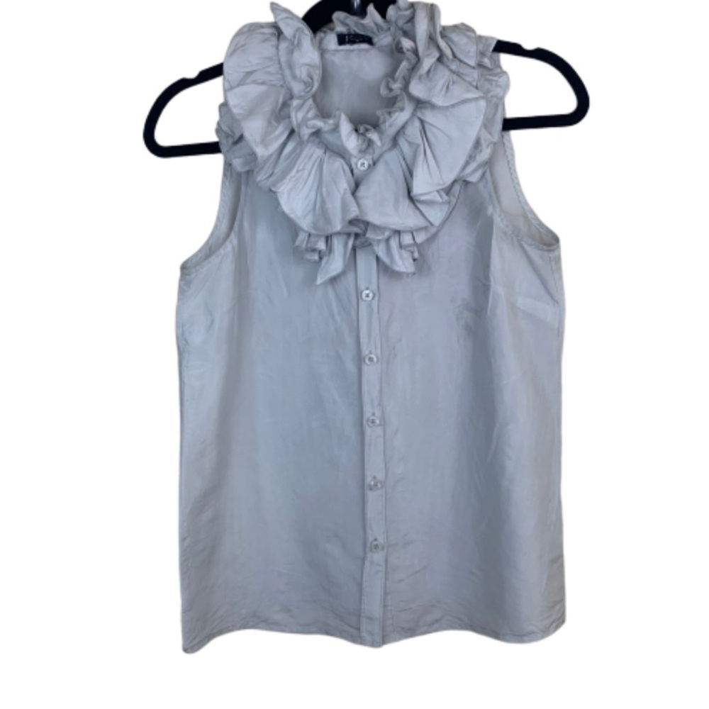 J Crew Elizabeth silk ruffled button down gray tank *read description*